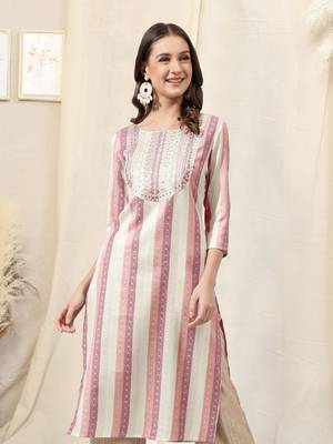 Pink ivory cotton blend woven stripe zari line zari sequins embroidery kurta for women 1