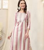 Pink ivory cotton blend woven stripe zari line zari sequins embroidery kurta for women