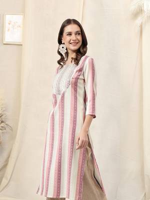 Pink ivory cotton blend woven stripe zari line zari sequins embroidery kurta for women 2