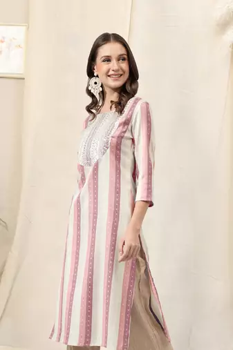 Pink ivory cotton blend woven stripe zari line zari sequins embroidery kurta for women