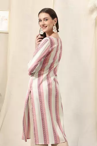 Pink ivory cotton blend woven stripe zari line zari sequins embroidery kurta for women