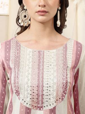 Pink ivory cotton blend woven stripe zari line zari sequins embroidery kurta for women 4