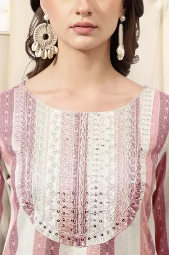 Pink ivory cotton blend woven stripe zari line zari sequins embroidery kurta for women