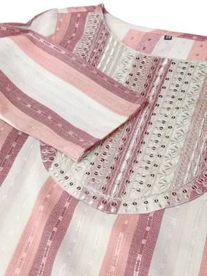 Pink ivory cotton blend woven stripe zari line zari sequins embroidery kurta for women 5