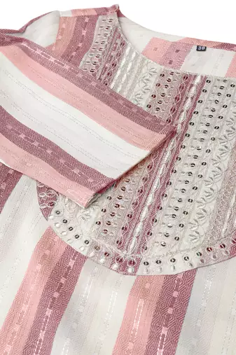 Pink ivory cotton blend woven stripe zari line zari sequins embroidery kurta for women