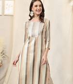 Cream ivory cotton blend woven stripe zari line zari sequins embroidery kurta for women