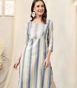 Blue ivory cotton blend woven stripe zari line zari sequins embroidery kurta for women