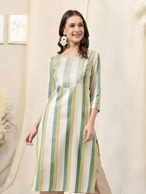 Olive green ivory cotton blend woven stripe zari line zari sequins embroidery kurta for women 1