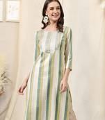 Olive green ivory cotton blend woven stripe zari line zari sequins embroidery kurta for women