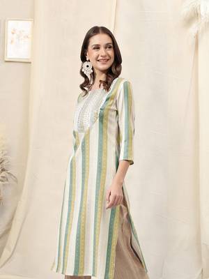 Olive green ivory cotton blend woven stripe zari line zari sequins embroidery kurta for women 2