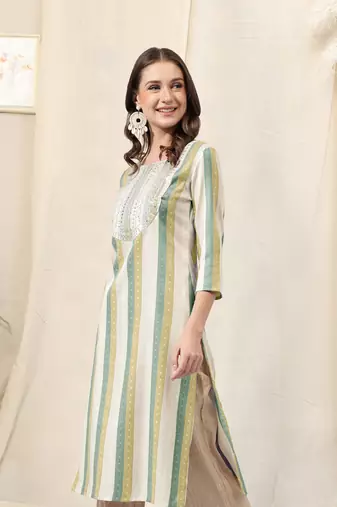 Olive green ivory cotton blend woven stripe zari line zari sequins embroidery kurta for women