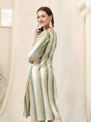 Olive green ivory cotton blend woven stripe zari line zari sequins embroidery kurta for women 3