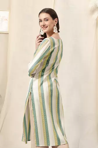 Olive green ivory cotton blend woven stripe zari line zari sequins embroidery kurta for women