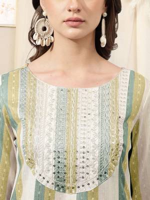 Olive green ivory cotton blend woven stripe zari line zari sequins embroidery kurta for women 4