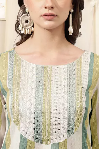 Olive green ivory cotton blend woven stripe zari line zari sequins embroidery kurta for women