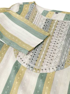 Olive green ivory cotton blend woven stripe zari line zari sequins embroidery kurta for women 5