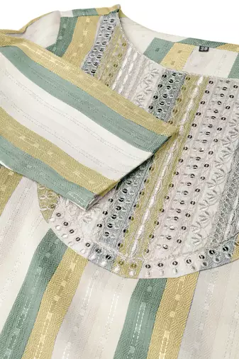 Olive green ivory cotton blend woven stripe zari line zari sequins embroidery kurta for women