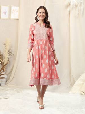 Coral white rayon jaipuri foil print mirror work mandarin collar tassel kurta for women 1