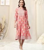 Coral white rayon jaipuri foil print mirror work mandarin collar tassel kurta for women