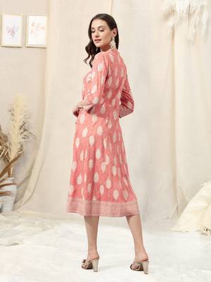 Coral white rayon jaipuri foil print mirror work mandarin collar tassel kurta for women 3