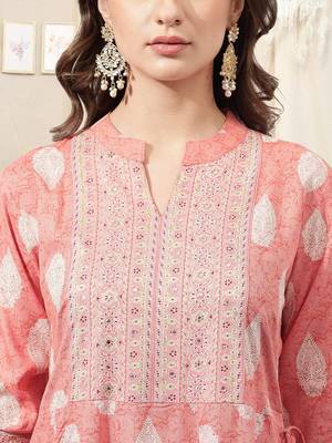 Coral white rayon jaipuri foil print mirror work mandarin collar tassel kurta for women 4