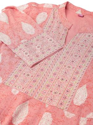 Coral white rayon jaipuri foil print mirror work mandarin collar tassel kurta for women 5