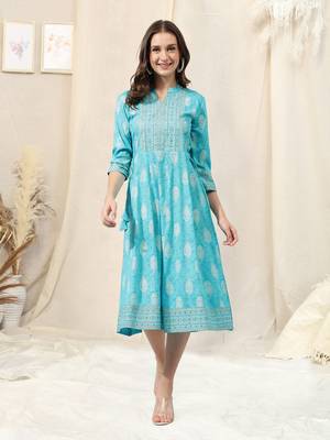 Turquoise white rayon jaipuri foil print mirror work mandarin collar tassel kurta for women 1