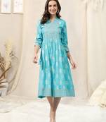 Turquoise white rayon jaipuri foil print mirror work mandarin collar tassel kurta for women