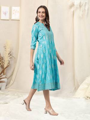 Turquoise white rayon jaipuri foil print mirror work mandarin collar tassel kurta for women 2