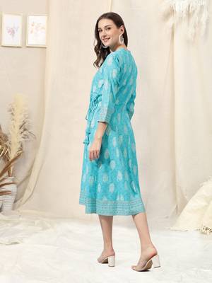 Turquoise white rayon jaipuri foil print mirror work mandarin collar tassel kurta for women 3
