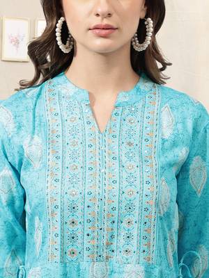 Turquoise white rayon jaipuri foil print mirror work mandarin collar tassel kurta for women 4