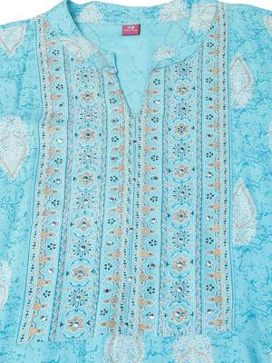 Turquoise white rayon jaipuri foil print mirror work mandarin collar tassel kurta for women 5