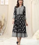 Black white rayon jaipuri print foil print mirror work mandarin collar tassel kurta for women