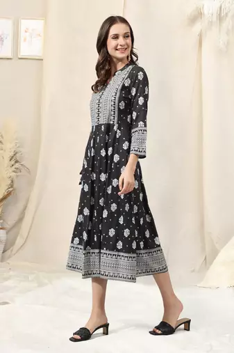 Black white rayon jaipuri print foil print mirror work mandarin collar tassel kurta for women