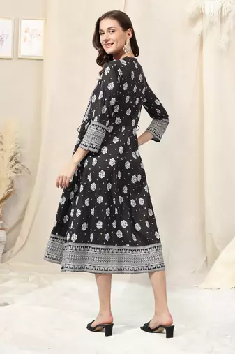 Black white rayon jaipuri print foil print mirror work mandarin collar tassel kurta for women
