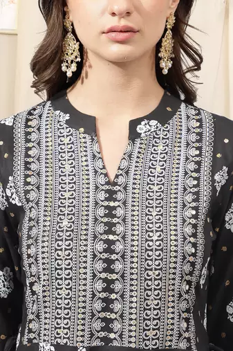 Black white rayon jaipuri print foil print mirror work mandarin collar tassel kurta for women