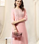 Pastel pink cotton blend woven zari mirror embroidery kurta for women