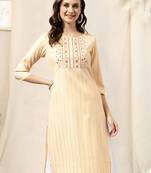 Pastel peach cotton blend woven zari mirror embroidery kurta for women