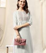 Grey cotton blend woven zari mirror embroidery kurta for women