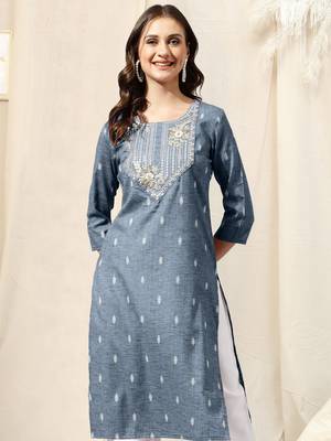 Dusty blue cotton blend woven mirror embroidery kurta for women 1