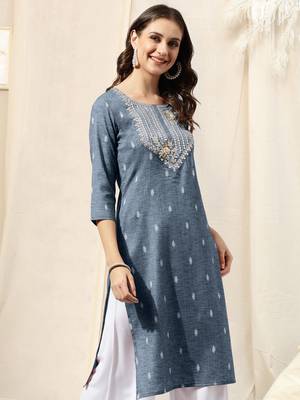 Dusty blue cotton blend woven mirror embroidery kurta for women 2