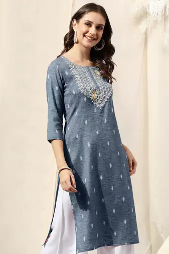 Dusty blue cotton blend woven mirror embroidery kurta for women