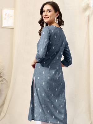 Dusty blue cotton blend woven mirror embroidery kurta for women 3