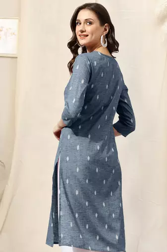 Dusty blue cotton blend woven mirror embroidery kurta for women