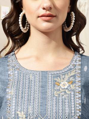 Dusty blue cotton blend woven mirror embroidery kurta for women 4