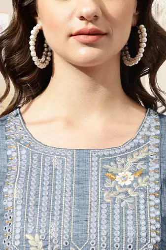 Dusty blue cotton blend woven mirror embroidery kurta for women