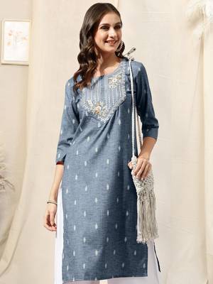 Dusty blue cotton blend woven mirror embroidery kurta for women 5