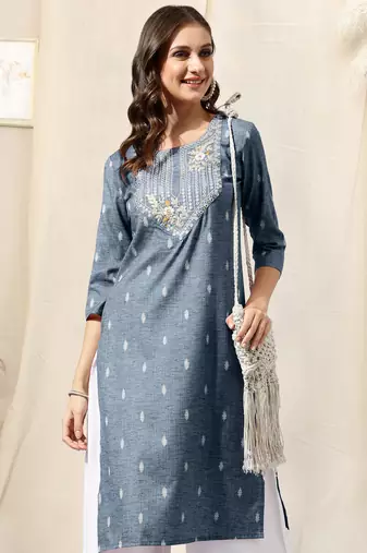 Dusty blue cotton blend woven mirror embroidery kurta for women