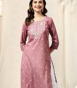 Dusty pink cotton blend woven mirror embroidery kurta for women