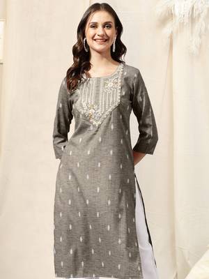 Dusty brown cotton blend woven mirror embroidery kurta for women 1